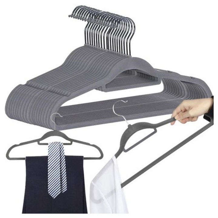 Set 20 umerase catifea gri, antialunecare, cu agatatoare rotativa 360°, suport pentru curea si esarfa, 45 x 22.5 cm