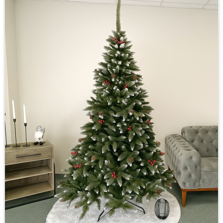 Brad artificial de Crăciun TSV Frasin de Munte, 240cm, 150cm diametru, cu zăpadă, suport metalic