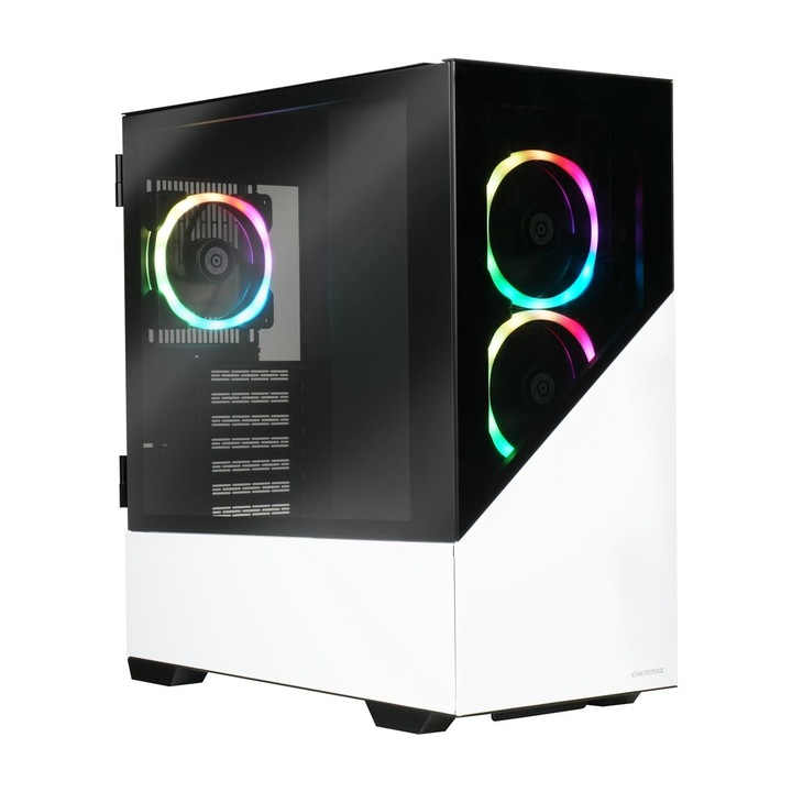 Кутия за компютър Enermax K8 ATX Mid Tower, снежнобяла, изработена от закалено стъкло, включваща 3 вентилатора ARGB PWM 12 см - USB 3.2 Gen1 и USB 3.2 Type C; ECA-EK8-WW-ARGB