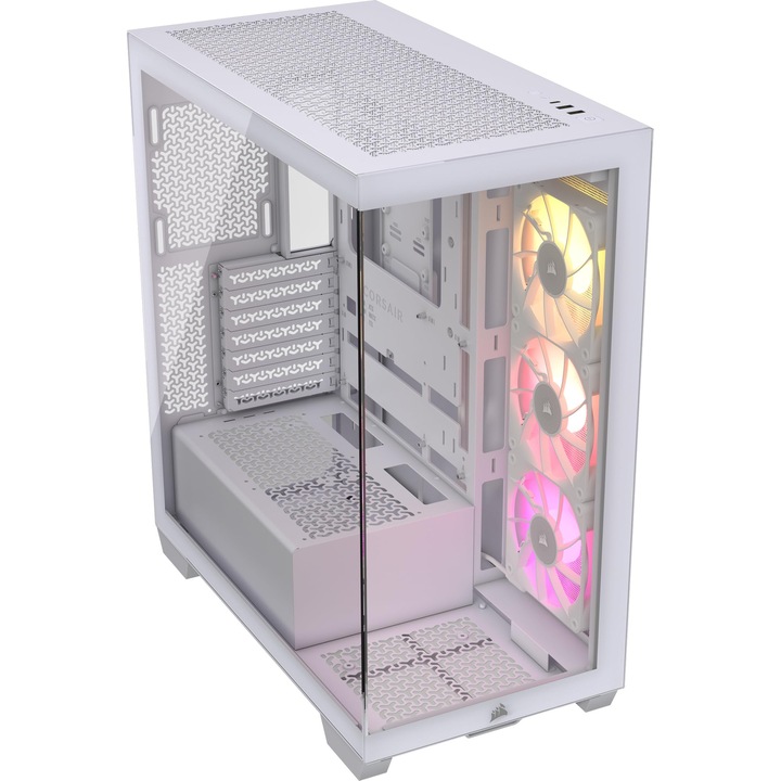 Carcasă PC Corsair iCUE Link 3500X RGB Mid-Tower ATX - Panoramikus edzett üveg - Kompatibilis fordított csatlakozású alaplappal - 3 Corsair iCUE Link RX120 RGB ventilátorral - Fehér