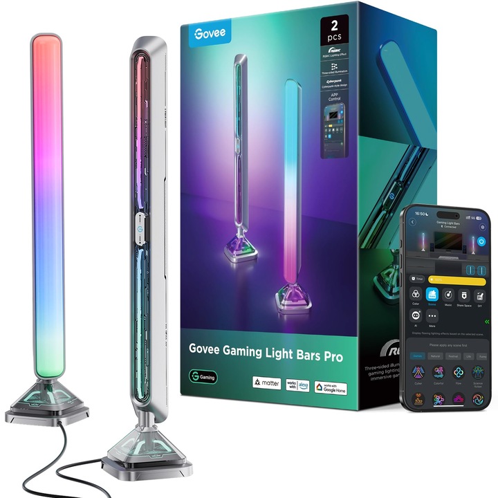 Govee Pro Gaming Light Bars, továbbfejlesztett 16 hüvelykes intelligens LED fényrudak háromoldalas RGBIC világítással és Wi-Fi-vel PC-hez, monitorhoz, több mint 60 jelenetmód, Alexa és Google Home kompatibilis