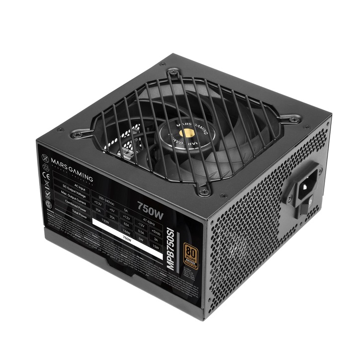 Mars Gaming Mpb750Si, Sursa De Alimentare Pc Atx 750W, Garantie 7 Ani, 80Plus Bronze 230V, Eficienta 90%, Ventilator Si Extreme Silence Cu Miez De Cupru, Tehnologii Ai2-Rpm, Dc-Dc Si Smd, Negru