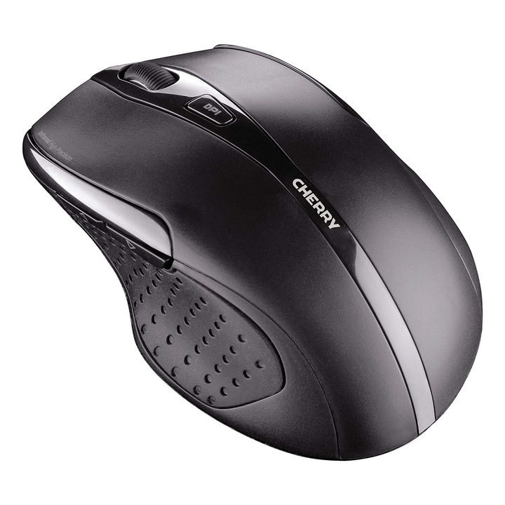 Cherry MW 3000, ергономична безжична мишка за дясна ръка, безжична 2.4 GHz, 6 бутона, оптичен сензор, гумирани страни, работа с батерии, черна