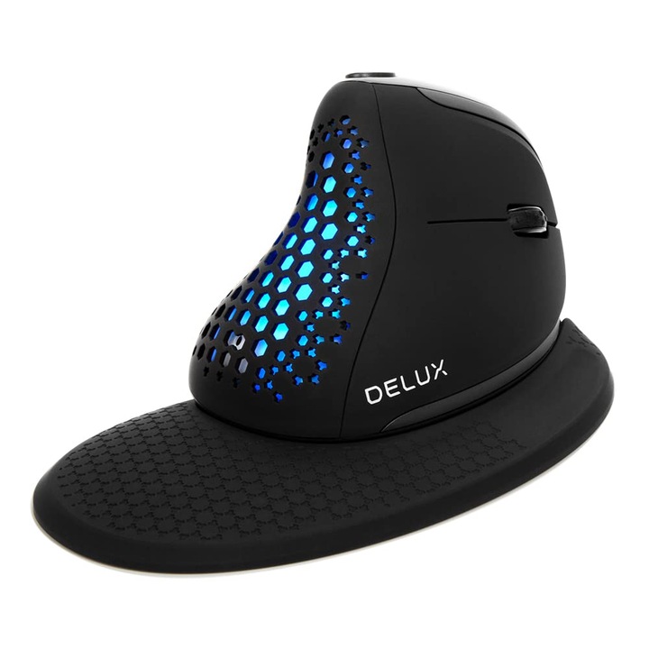 Egér Vezeték Nélküli Ergonómikus Delux Seeker, Függőleges Egér Oled Kijelzővel, 6 Gomb és Állítókerék, Csendes Kattintások, 7200 Dpi, Programozható, Újratölthető, Bt/2.4G/Vezetékes, Rgb Fény (M618Xsd-Fekete)