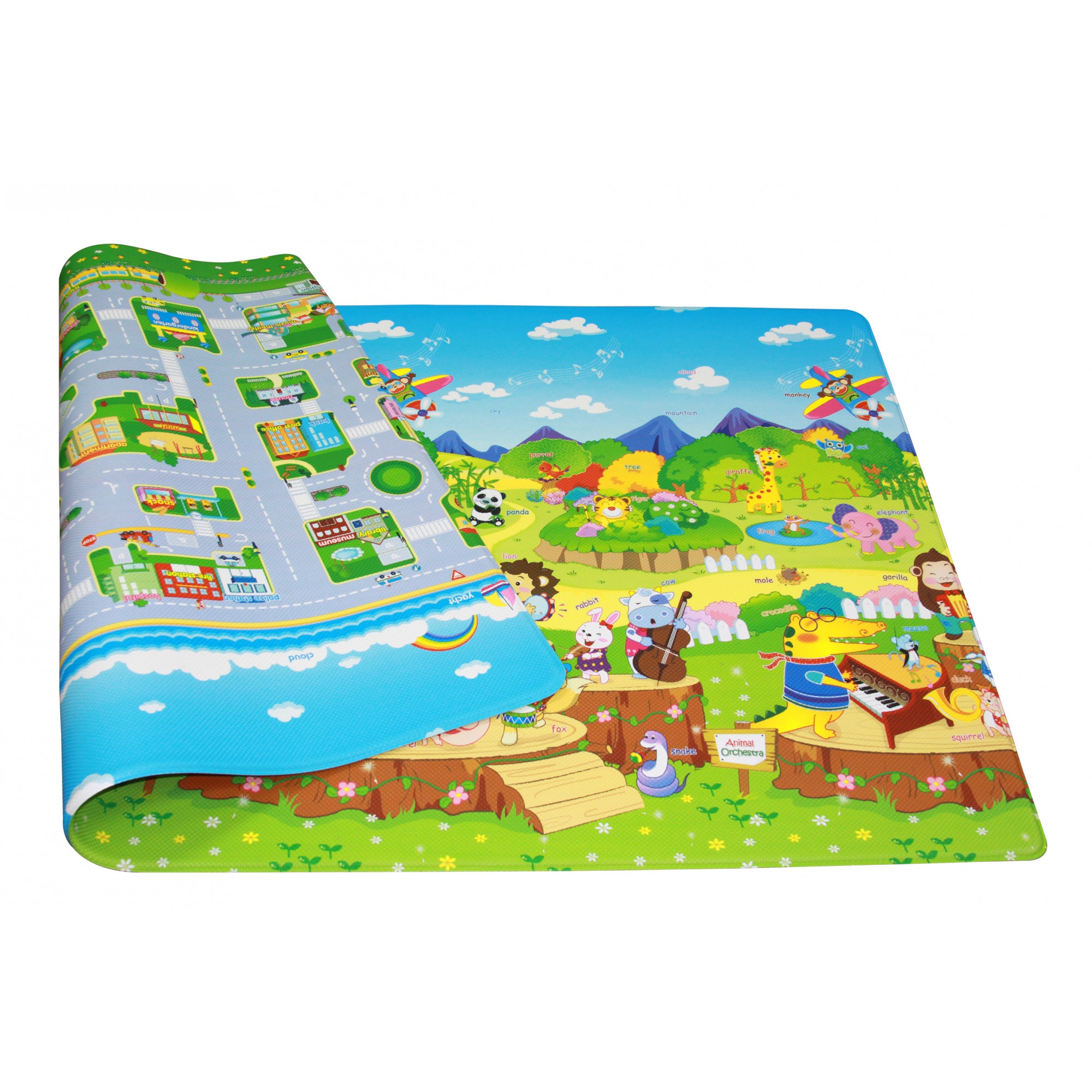 Covor pentru copii, educativ, premium, Orasul Animalelor( Animal Orchestra), cu 2 fete, 190x130x15