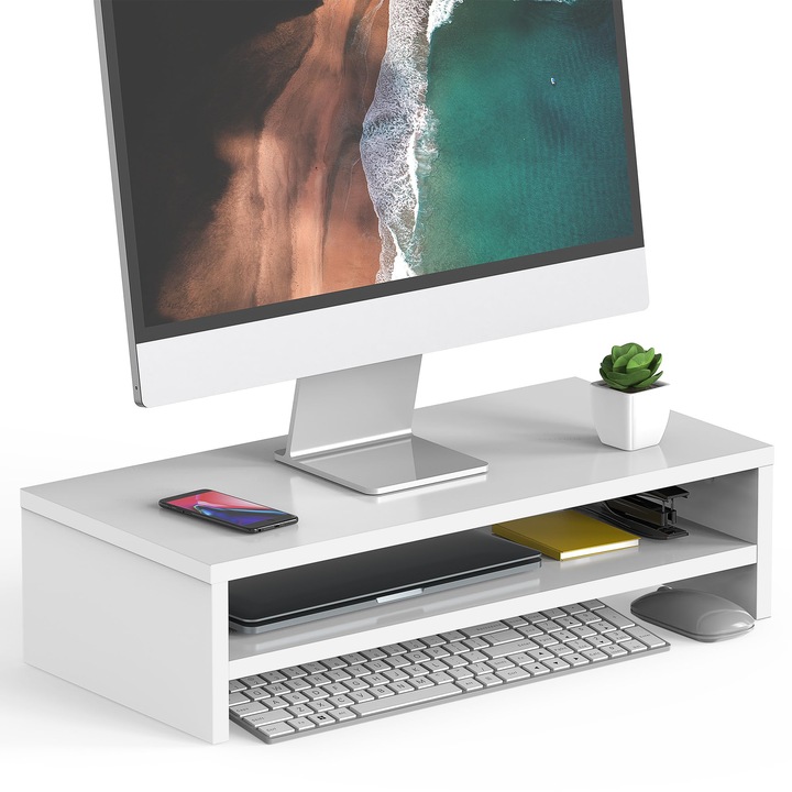 Fitueyes 2 Szintes Monitorállvány, 54 X 25,5 Cm, Nagy Laptopállvány Billentyűzettárolóval, Asztali Rendszerező Otthonra és Irodába, Fehér