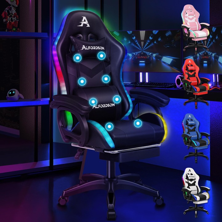 Геймърски Стол Alfordson С 8-Точков Масаж И 12-Цветна RGB LED Светлина, Ергономичен Офис Стол С Поставка За Крака, Облегалка За Глава И Лумбална Възглавница За Деца И Възрастни, Черен