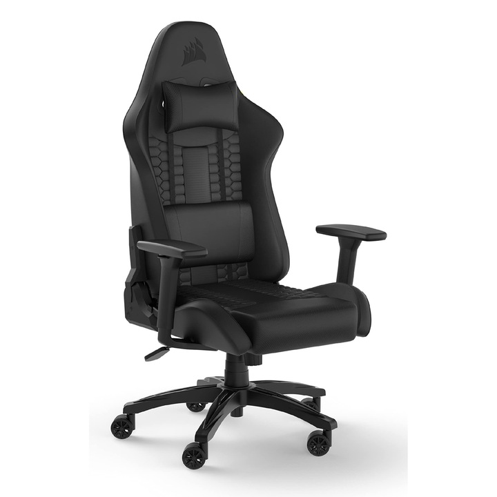 Релаксиращ Геймърски Стол Corsair Tc100 – Синтетична Кожа – Дизайн, Вдъхновен От Състезания – Лумбална Възглавница – Сваляща Се Възглавница За Врат От Мемори Пяна – Регулируеми Подлакътници – Черен