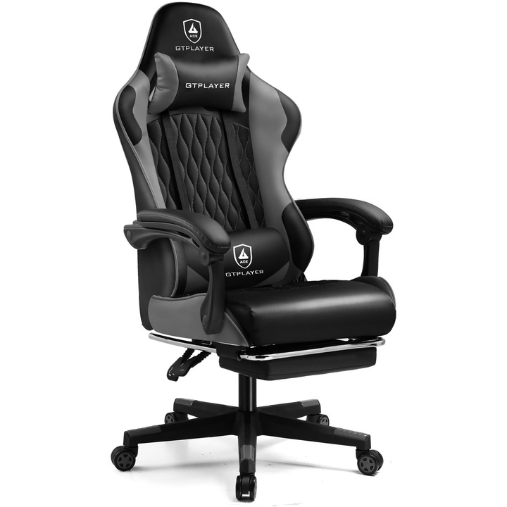 Scaun De Gaming Gtplayer, Scaun De Gamer, Scaun De Birou Ergonomic Cu Suport Pentru Picioare, Suport Lombar Si Tetiera Reglabile, Scaun De Gaming Captusit, Capacitate De Incarcare 150 Kg, Gri