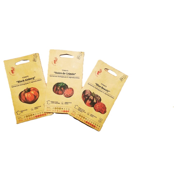 Set seminte traditionale BIO tomate negre – Noire de Crimée, Black Aisberg, Indigo Blue Beauty (3 soiuri rare)