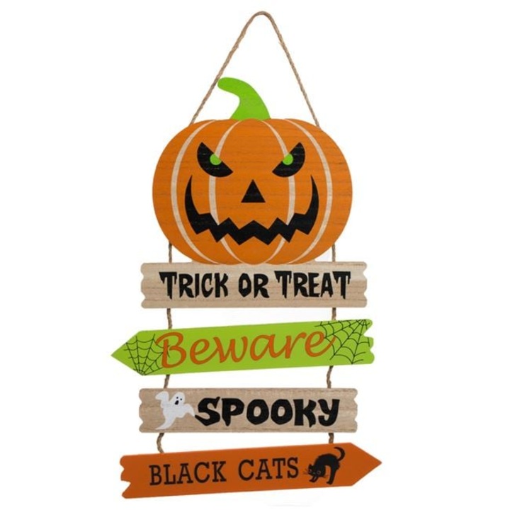 Decoratiune Lemn Halloween Suspendabila - Dovleac cu Placi Tematice legate cu sfoara - 29x44cm