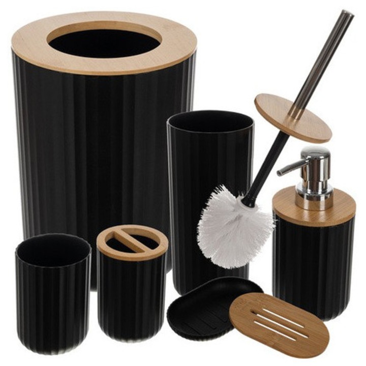 Set 6 accesorii de baie RUHHY – set complet : pahar, suport periuta, sapuniera, dozator, perie WC, cos gunoi, negru/bambus, Design Modern, Inox / Plastic