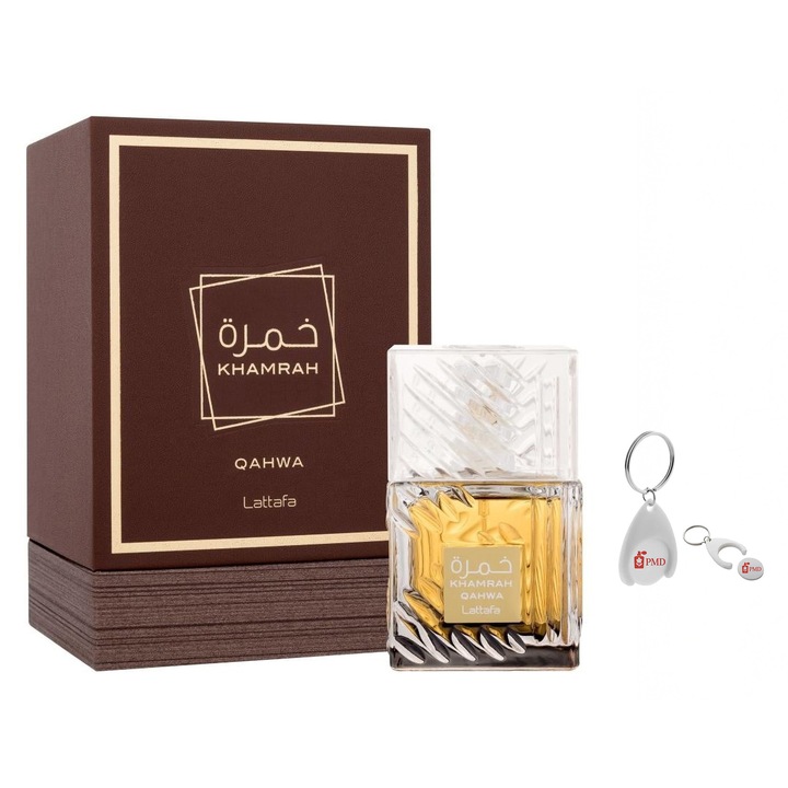 Set Apa de Parfum Khamrah Qahwa, Lattafa, Unisex, 100ml cu Breloc Personalizat "PMD"
