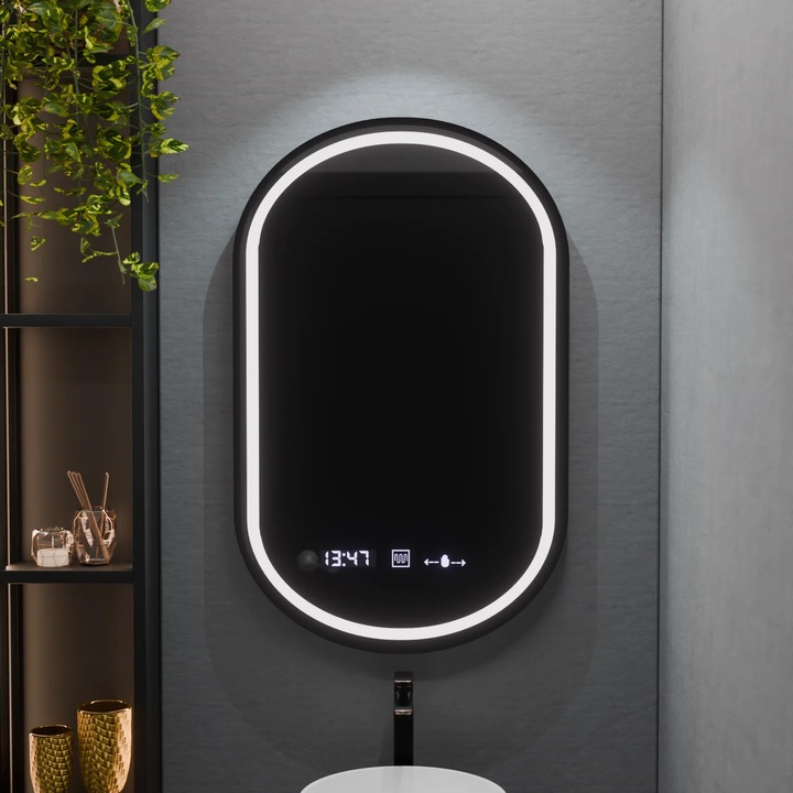 Oglinda LED Ovala, 50x90cm, Alb, Alessia MotionGlow Marcello, Sistem Dezaburire, Ceas & Termometru, Dimabila