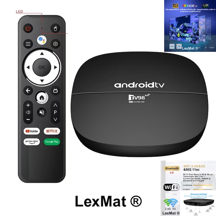 TV Box Android 13 4K Ultra HD LexMat ®, Wi-Fi si conexiune Ethernet, Telecomanda Bluetooth, HDMI, Streaming HD, Netflix, Youtube, Actualizare prin USB si Card TF