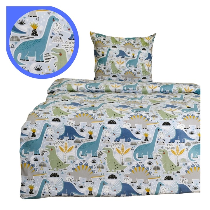 Set De Lenjerie De Pat Pentru Copii, Somn Adanc, 140x200x50x70 cm, Dinozauri Albastre, Dinozauri, Certificat Oeko-Tex Standard 100, Calitate Inalta, Echipat Cu Fermoar