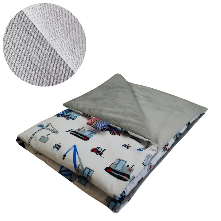 Gyermek takarókészlet, Mély alvás, 75x100 cm, Kék, Fehér, Szürke, Kotrógépek, Oeko-Tex Standard 100 tanúsítvány, Fűtött, Cipzárral ellátva