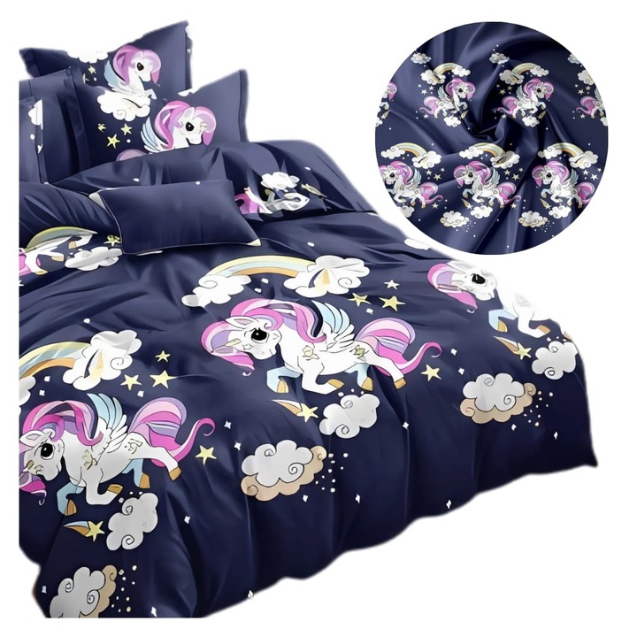 Set Lenjerie De Pat Pentru Copii 3D, Somn Adanc, 2513, 140x200 cm 70x80 cm, Albastru Inchis, Unicorn, Certificat Oeko-Tex Standard 100, Material, Echipat Cu Fermoar