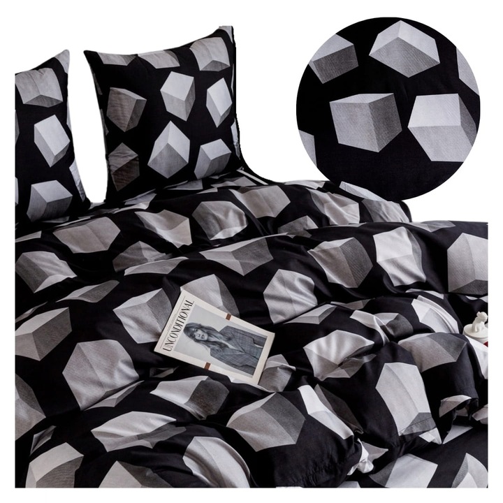 Set Lenjerie De Pat 3D, Somn Adanc, 3122, 140x200x70 cm, Cuburi, Certificat Oeko-Tex Standard 100, Material Satin De Bumbac, Echipat Cu Fermoar