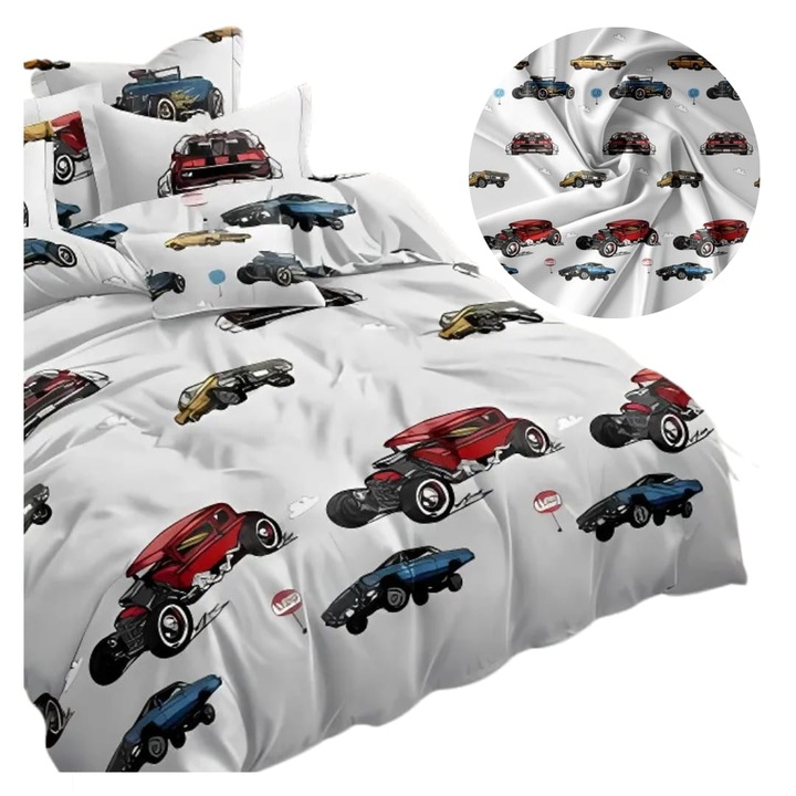 Set Lenjerie De Pat Pentru Copii 3D, Somn Adanc, 2507, 140x200x70 cm/80 cm, Masini, Certificat Oeko-Tex Standard 100, Material Satin De Bumbac, Echipat Cu Fermoar