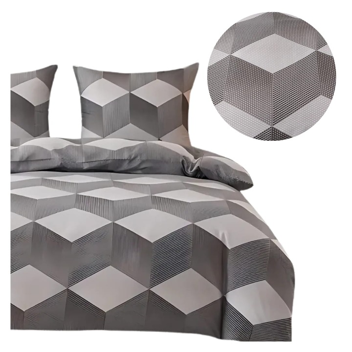 Set Lenjerie De Pat 3D, Somn Adanc, 140x200x70 cm, Geometrie, Certificat Oeko-Tex Standard 100, Material Satin De Bumbac, Echipat Cu Fermoar