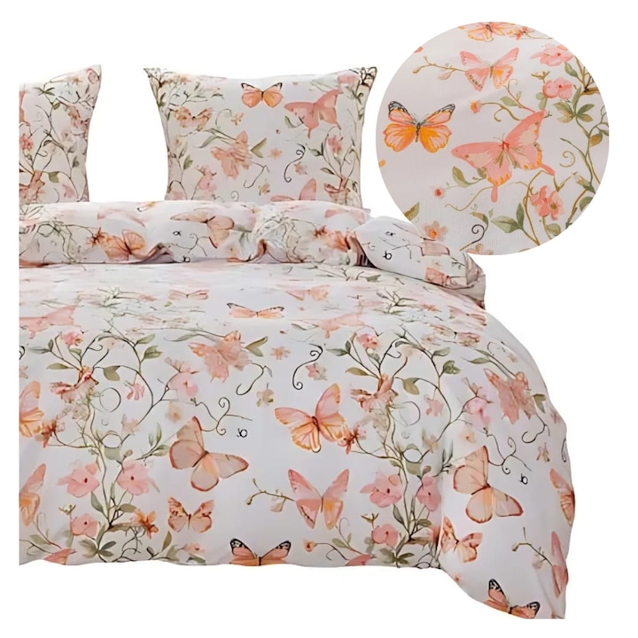 Set Lenjerie De Pat 3D, Cotton World, 160 x 200 cm, 2 x 70/80 cm, Alb Cu Roz, Satin, Fluturi, Pentru 2 Persoane, Cu Model, Fermoar, Placut La Atingere