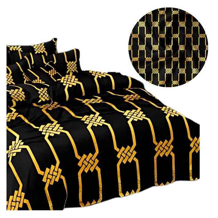Set Lenjerie De Pat 3D, Somn Adanc, 140x200x70 cm/80 cm, Aurii, Ornamente Aurii, Certificat Oeko-Tex Standard 100, Material Satin De Bumbac, Echipat Cu Fermoar