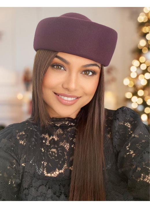 Palarie dama lux tip toca Confortino Contess – Fetru italian 100% lana, Palarie Violet (Grena Prunia), Marime Unica, Reglabila – Fabricata in Romania