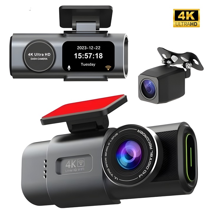 Camera auto DVR 4K Ultra HD cu GPS incorporat, Edylux, Duala fata spate, Functie WiFi, Vedere nocturna, Full-color, Senzor G, Salvare automata imagini in caz de impact, Monitorizare parcare, Detectare miscare, Aplicatie dedicata, design ultracompact, ins