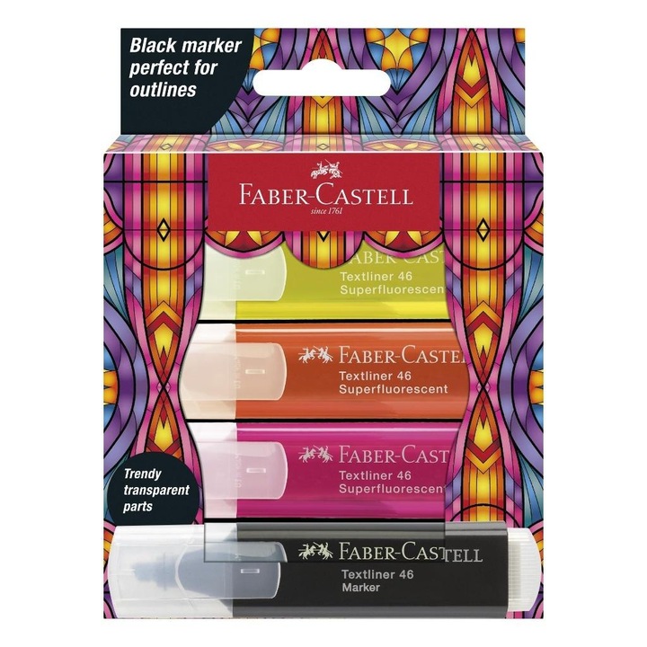 Комплект маркери Faber-Castell Glassy 4 неонови + черен цвят, 5 мм