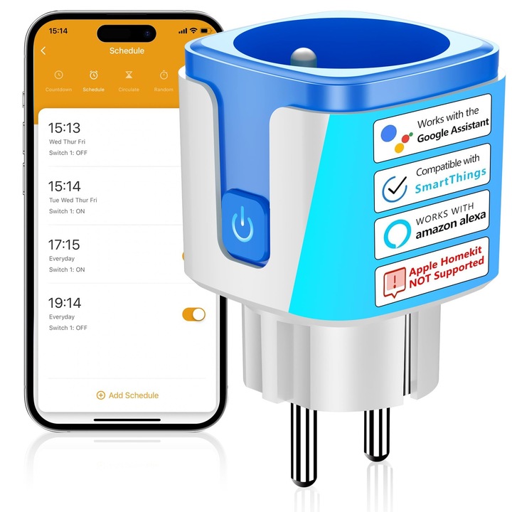 Priza Inteligenta Wifi Surfou, Tip E, Temporizator Electric, Compatibila Cu Alexa Si Google Assistant, Priza Programabila Cu Temporizator Si Telecomanda, Aplicatie Tuya/Smart Life, 16 A