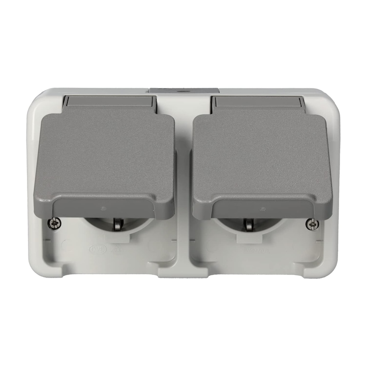 Контакт Schneider Electric Merten Schuko с шарнирен капак, 2-пътен, повърхностен монтаж, хоризонтално разположен, IP44, Aquastar, светлосив, артикулен номер Meg2321-8029