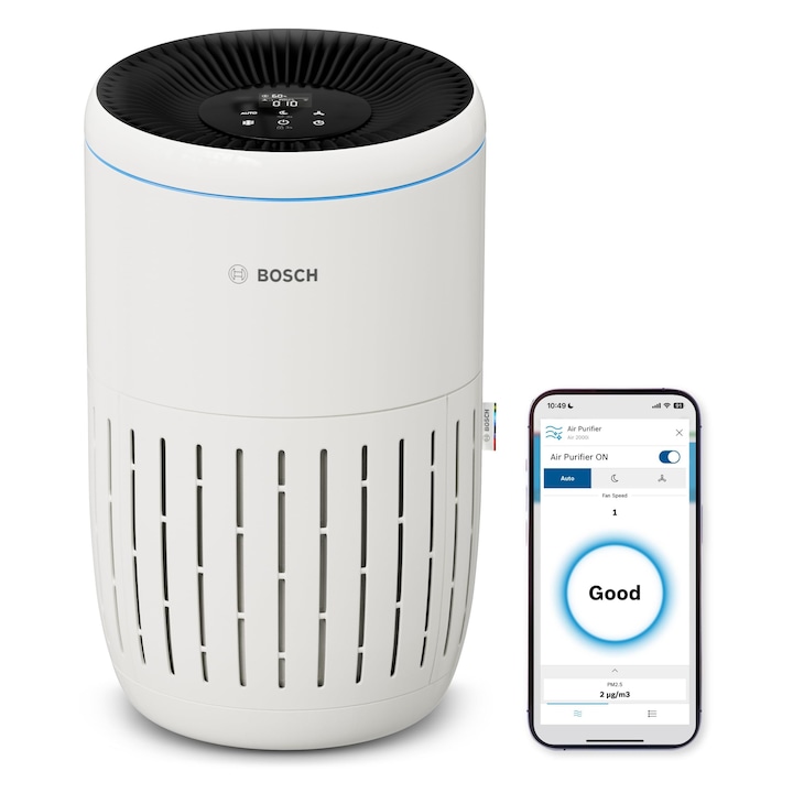 Purificator de Aer Bosch Air 2000I, controlat prin aplicație, pentru camere până la 37.5 m², filtru 3 în 1, mod silențios