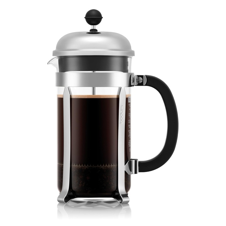 Cafetiera Bodum French Press Chambord, Argintie, 1L, Sticla Rezistenta La Caldura, Filtru Din Otel Inoxidabil