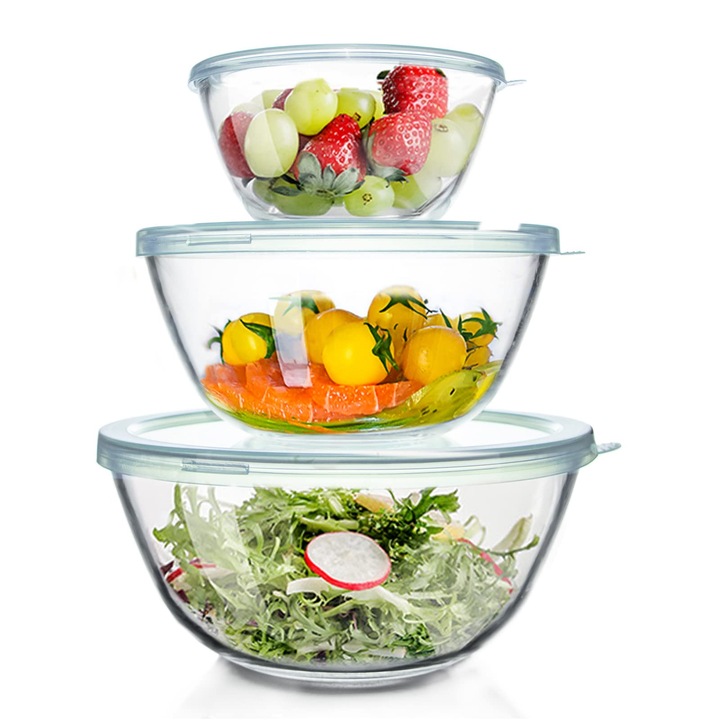 Bol De Amestecat Din Sticla Whiterhino Cu Capac, Set De 3 (4, 2 L, 2, 5 L, 1 L), Boluri De Salata Rotunde Mari Pentru Bucatarie, Bol De Salata Cu Capac, Gatit, Copt, Preparare, Potrivit Pentru Masina De Spalat Vase