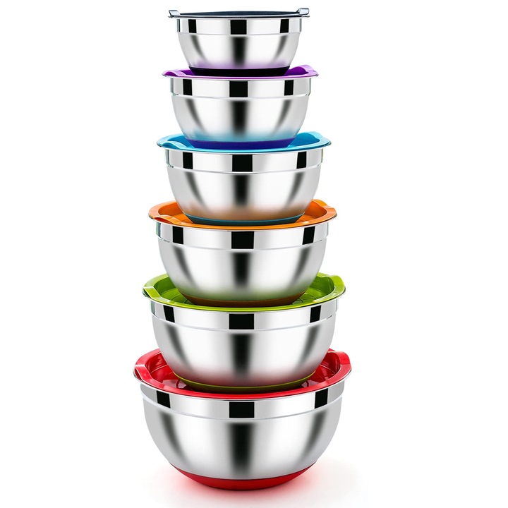 Set De Boluri De Amestecat Homikit, Boluri Din Otel Inoxidabil, Boluri Pentru Salata, Set De 6 Cu Capace Etanse Si Baze Din Silicon, Stivuibile, Lavabile In Masina De Spalat Vase, 4, 6 L / 2, 8 L / 2, 5 L / 1, 6 L / 1, 2 L / 0, 7 L