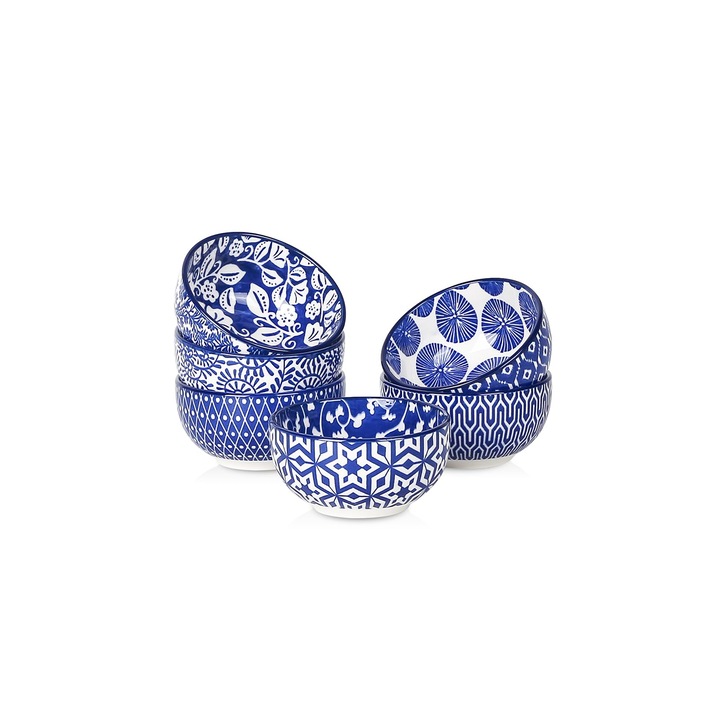 Set De Boluri Mici Selamica, 6 Boluri Albastru Vintage, 118 Ml, Potrivite Pentru Cuptorul Cu Microunde Si Masina De Spalat Vase