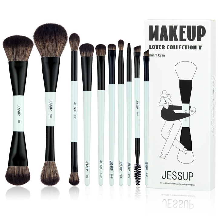 Jessup Ecsetkészlet, 10 részes sminkecsetkészlet, sokoldalú kollekció 14 kétvégű ecset, alapozó ecset, szemhéjfesték, kontúr, szemceruza, highlighter, pirosító, világos cián T500