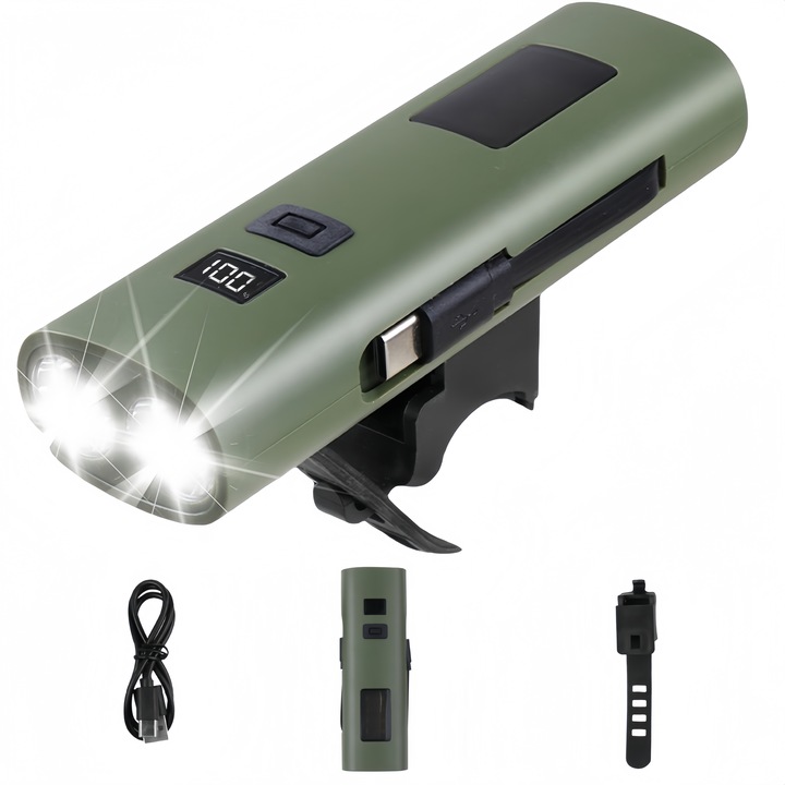 Lumină de bicicletă, încărcare USB, 6 nivele de iluminare, rezistentă la apă, verde