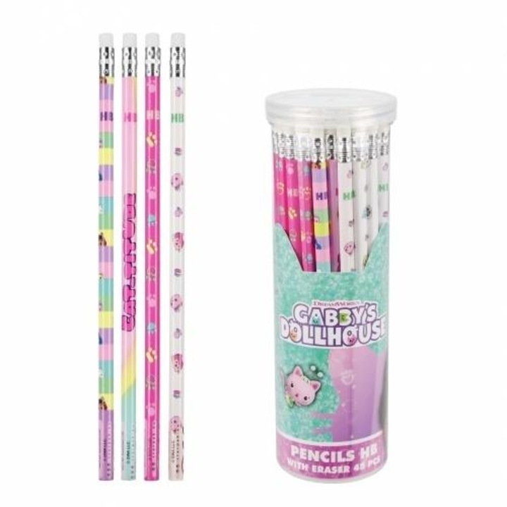 STARPAK Gabby's Dollhouse HB ceruzák, grafitceruzák radírral a végén, licencelt minták, henger alakú tubus, Többszínű, 48 db