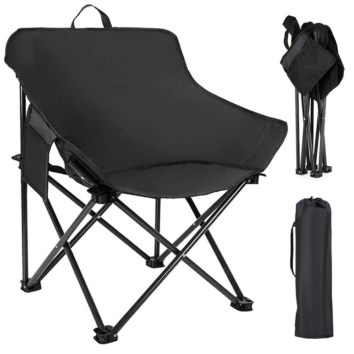 Scaun pliabil camping Yulinland, 600D Oxford, suport 150kg, usor si portabil, negru, 60x50x69cm