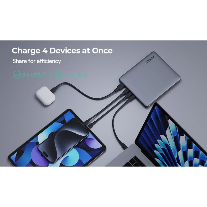 Power bank, AUKEY, 100W, 20000mAh, 3xUSB-C, fekete