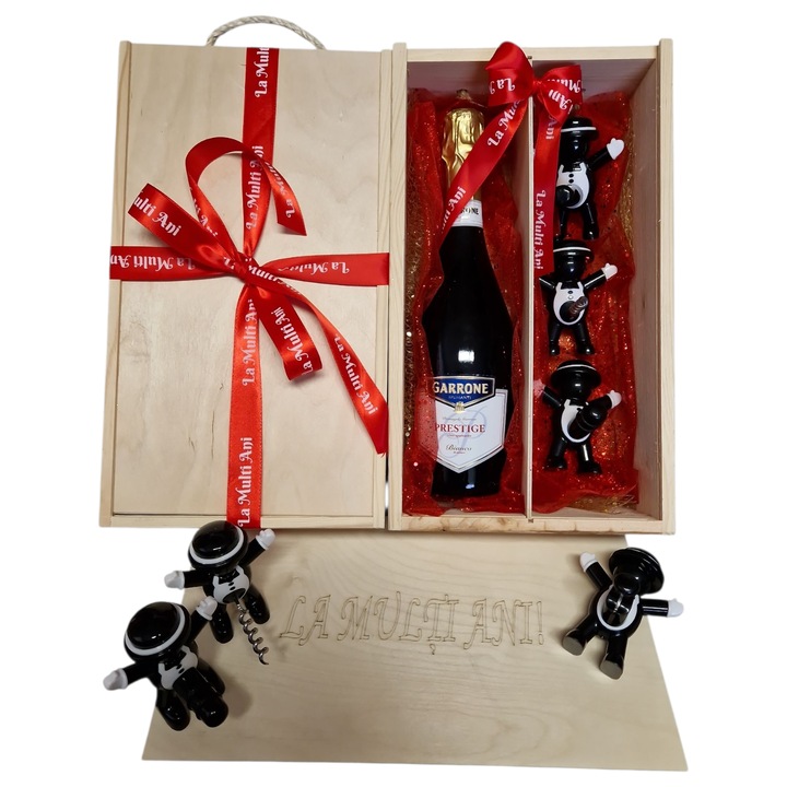 Pachet cadou La Multi ani, cu cutie lemn vin Gravata, vin Garrone si 3 accesorii de vin Funny, ambalaj decorativ