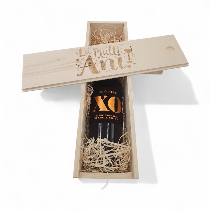 Pachet cadou, vin roșu El Cortez XO, 14%, 0.75L, personalizat, cutie lemn