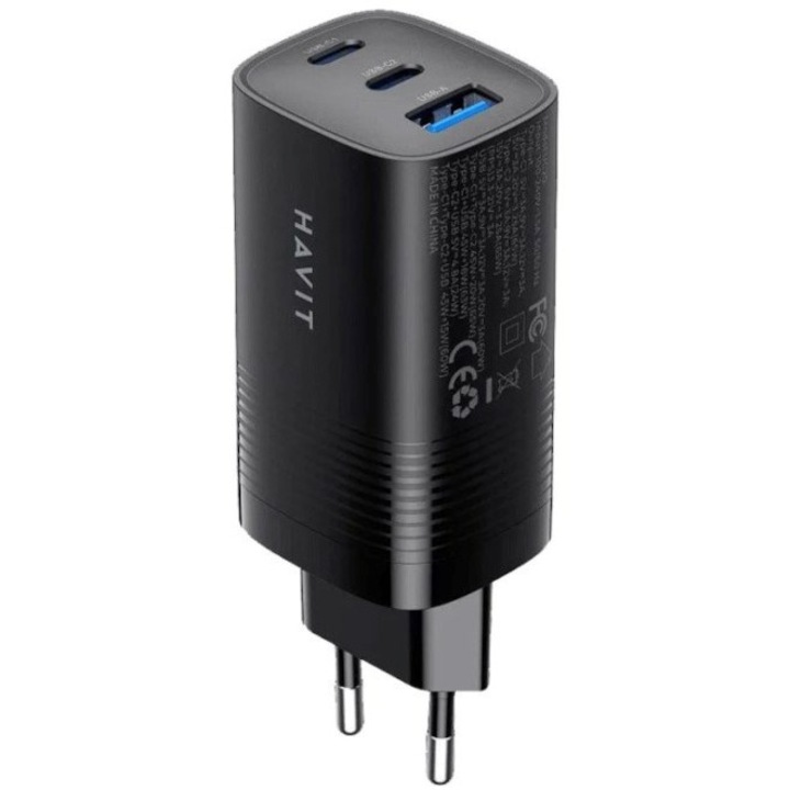 Havit UC20 töltő, 65W, USB-C+USB-C+USB-A, fekete, 106.4x39x33mm