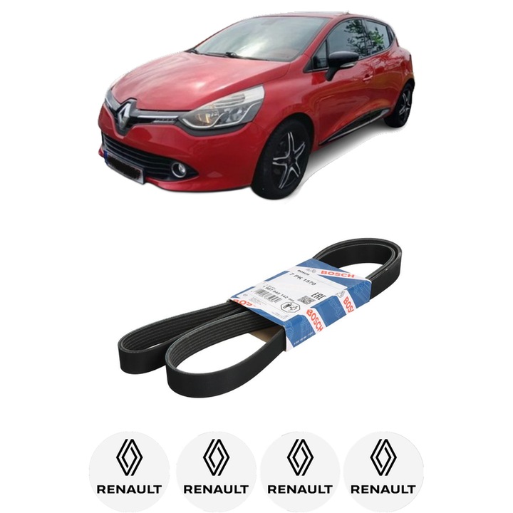 Curea transmisie accesorii RENAULT CLIO IV (BH_) 0.9 TCe 90 (BHNF, BHMA, BHMH, BHJK, BHJR) din 2012-2021, auto, Bosch, 4x Stickere auto cu RENAULT