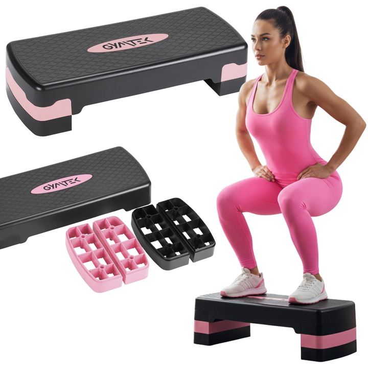 Step aerobic 3-stopniowy, antiderapant, 67x27,5cm, max 150kg, set cu 8 paduri antiderapante