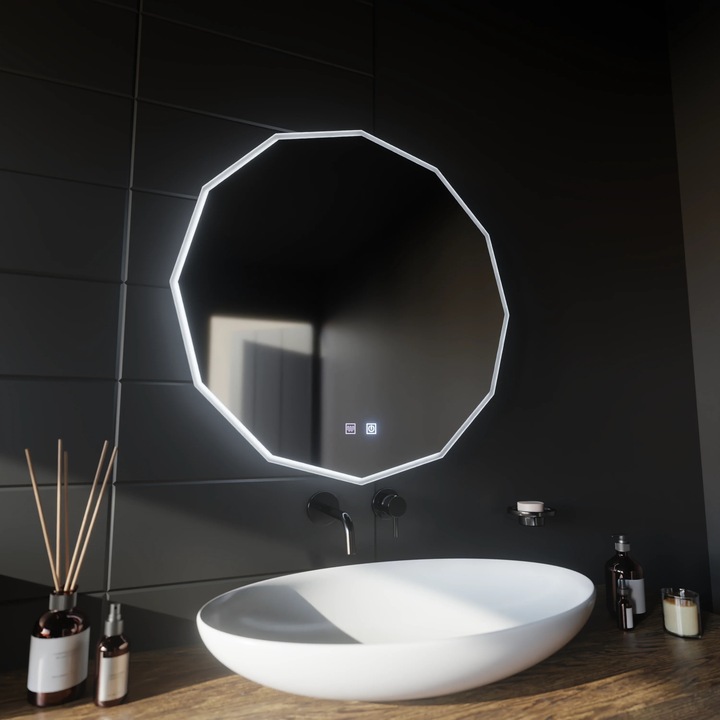 Oglinda LED Rotunda, 80cm, Alb, VIVO Touch, Sistem Dezaburire, Dimabila