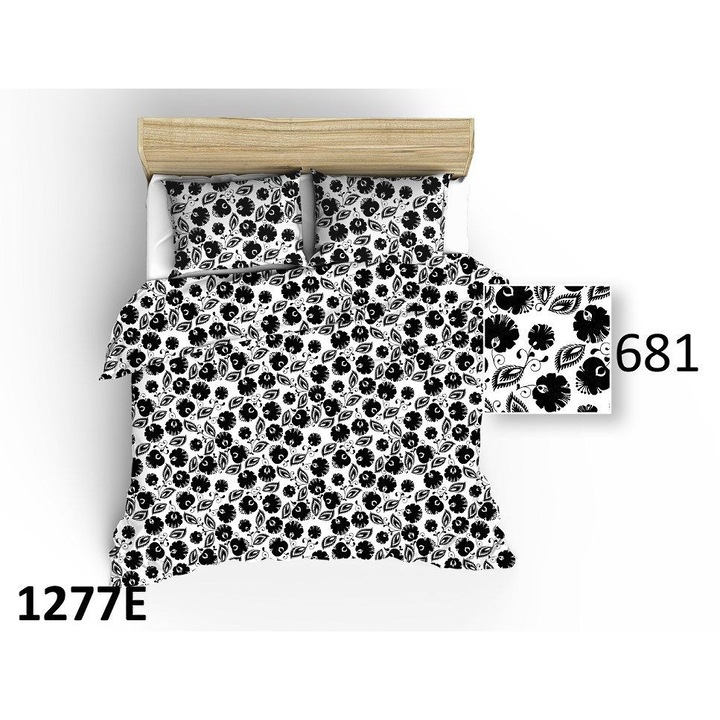 Lenjerie de pat, 160x200, bumbac, alb-negru, set 1 posza si 2 poshve