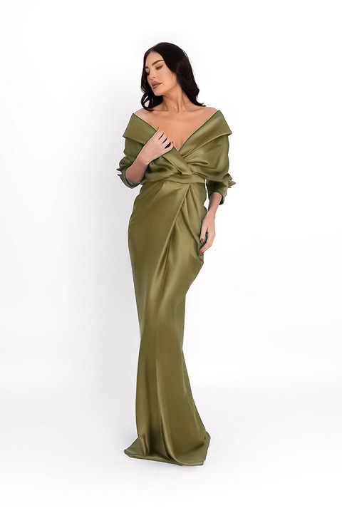 Acob à porter, Rochie maxi de satin cu decolteu pe umeri, Verde masliniu